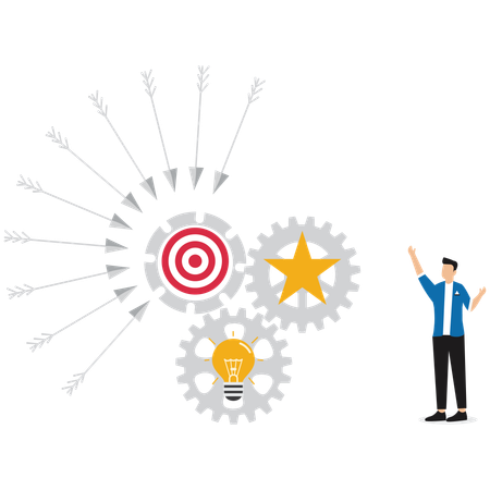 Empresário estabelecendo metas no alvo com setas vindas de diferentes direções para realizações na carreira  Ilustração