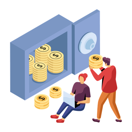 Empresario depositando dinero en bóveda  Ilustración