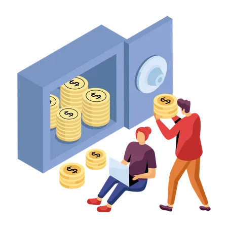 Empresario depositando dinero en bóveda  Ilustración