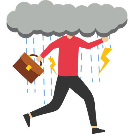 Hombre de negocios deprimido caminando con tormenta nublada y lluvia alrededor de su cara  Ilustración