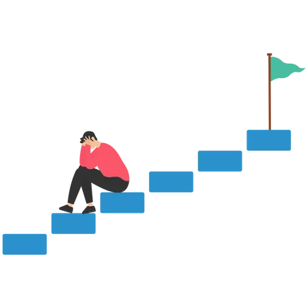 Un hombre de negocios deprimido se da por vencido solo en la escalera hacia el objetivo de éxito  Ilustración