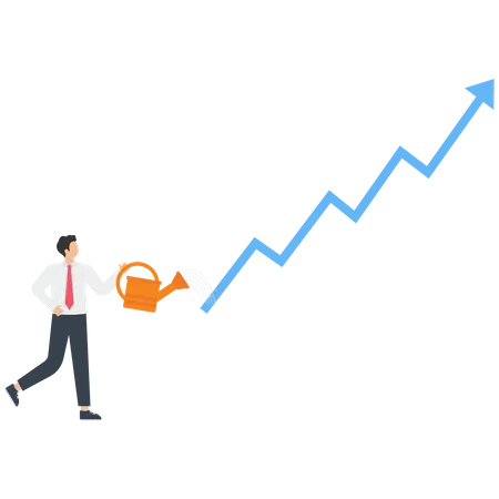 Empresário derramando água em um gráfico do mercado de ações com seta vermelha  Ilustração