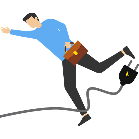 Empresário desajeitado tropeçando com fio elétrico caindo no chão  Ilustração