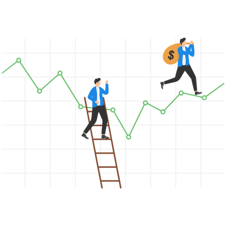 Empresário descendo a escada contra o gráfico de tendência de baixa enquanto outro investidor carrega uma sacola de dinheiro no gráfico de tendência de alta  Ilustração