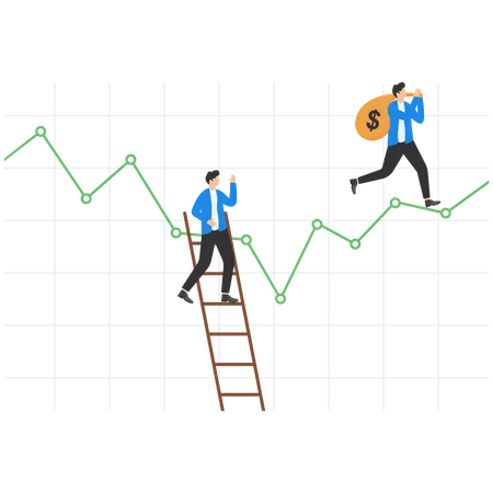 Empresário descendo a escada contra o gráfico de tendência de baixa enquanto outro investidor carrega uma sacola de dinheiro no gráfico de tendência de alta  Ilustração