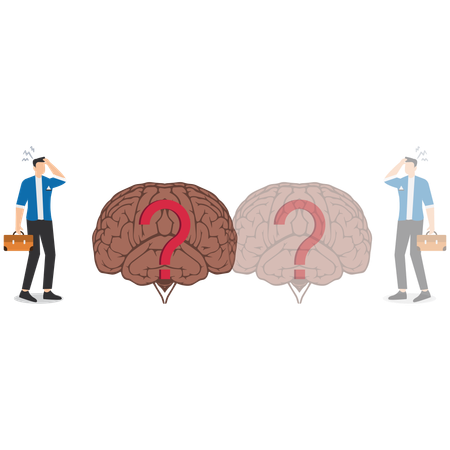 Hombre de negocios desconcertado mirando un signo de interrogación dentro de su cerebro  Ilustración