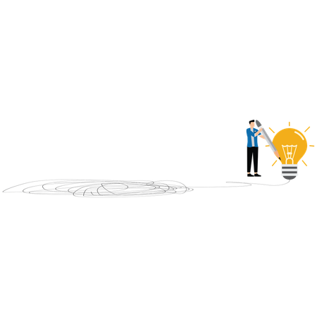 Empresário desenha lâmpada de um nó bagunçado para simplificar problema empresarial complexo  Ilustração