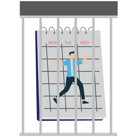Un hombre de negocios sin esperanzas atrapado en una prisión de calendario de oficina de lunes a viernes  Ilustración