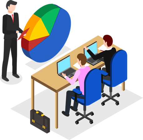 Hombre de negocios discutiendo el análisis del diagrama circular con el equipo  Ilustración