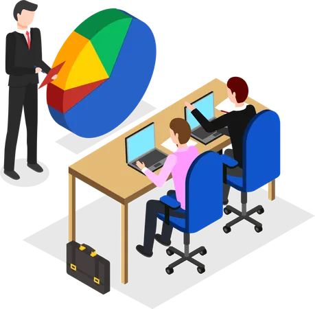 Hombre de negocios discutiendo el análisis del diagrama circular con el equipo  Ilustración