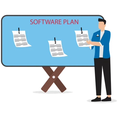 Empresario diseñando un plan de software  Ilustración