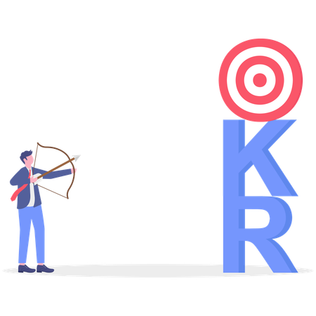 Hombre de negocios disparando con arco y flecha hacia la portería de OKR  Ilustración