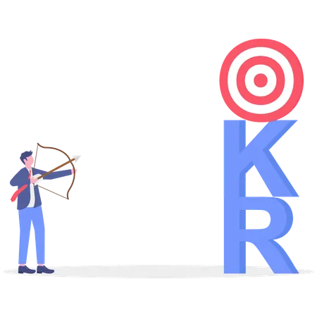 Hombre de negocios disparando con arco y flecha hacia la portería de OKR  Ilustración