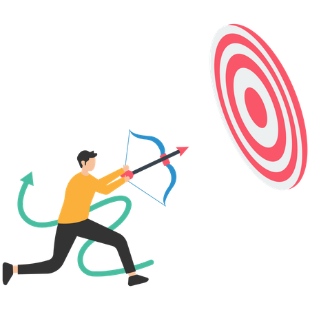 Hombre de negocios dispara con arco apuntando con flecha al objetivo  Ilustración