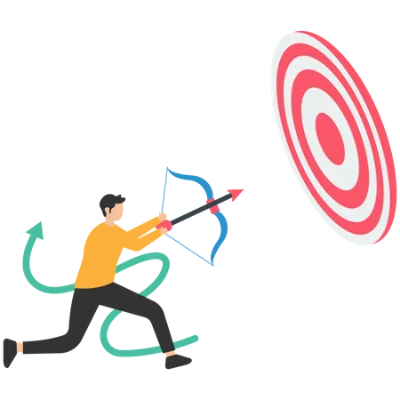 Hombre de negocios dispara con arco apuntando con flecha al objetivo  Ilustración