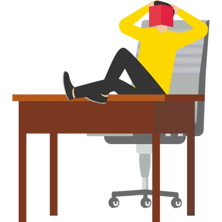 Empresario dormido tumbado en una silla de oficina y cubriéndose la cara con un libro  Ilustración