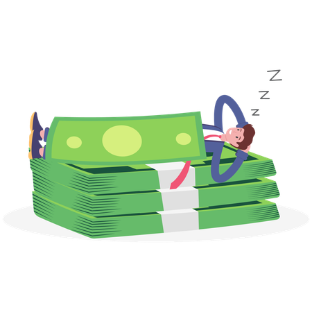 Empresario durmiendo con manta de dinero  Ilustración