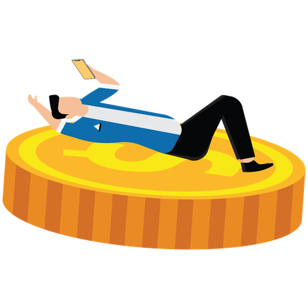 Hombre de negocios durmiendo sobre monedas sosteniendo un teléfono móvil  Ilustración