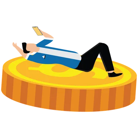 Hombre de negocios durmiendo sobre monedas sosteniendo un teléfono móvil  Ilustración