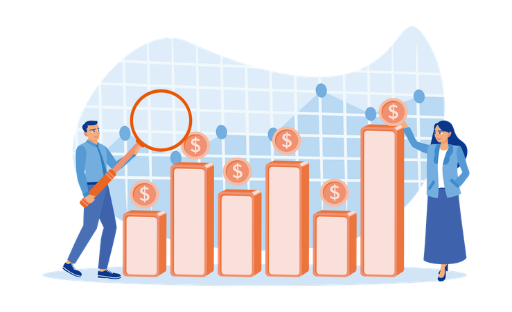 Empresário e assistente analisando finanças do escritório enquanto procuram oportunidades de investimento empresarial  Ilustração