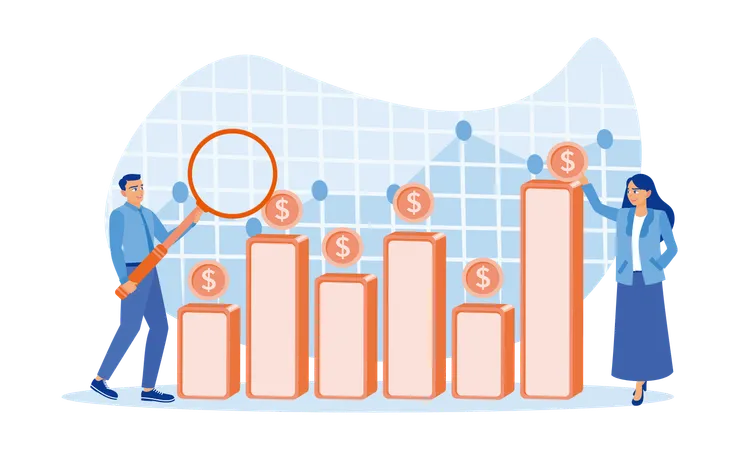 Empresário e assistente analisando finanças do escritório enquanto procuram oportunidades de investimento empresarial  Ilustração