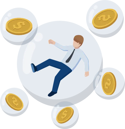 Empresário e moeda de dólar flutuando em bolhas  Ilustração