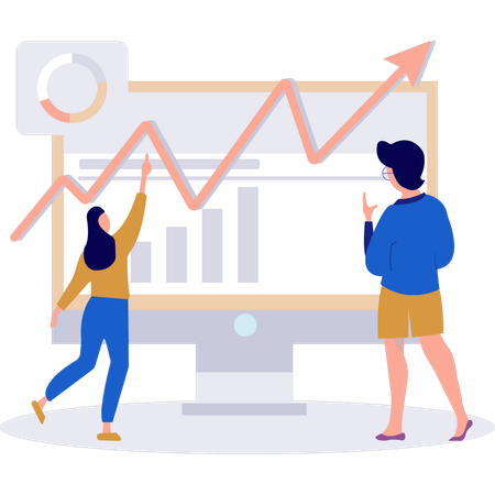 Empresário e mulher de negócios falando sobre gráfico de negócios no monitor  Ilustração