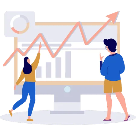 Empresário e mulher de negócios falando sobre gráfico de negócios no monitor  Ilustração