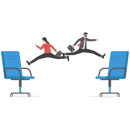 Empresário e mulher saltam na metáfora da cadeira de escritório da rotação de cargos  Ilustração