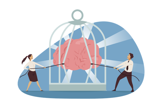 Empresário e mulher tentando abrir a gaiola usando corda  Ilustração