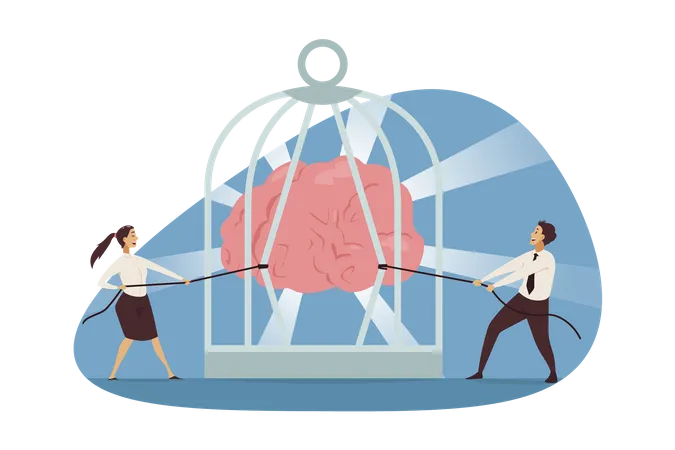 Empresário e mulher tentando abrir a gaiola usando corda  Ilustração