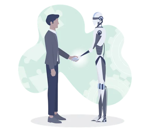 Empresário e robô apertando as mãos  Ilustração