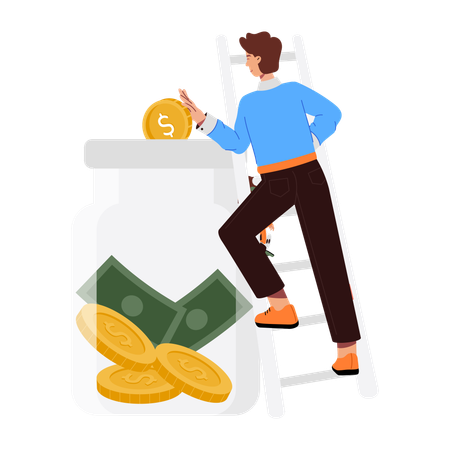 Empresário economizando dinheiro em pote de poupança  Ilustração