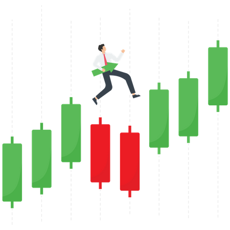 El empresario ejecuta un gráfico de subida y bajada de acciones para el control y el crecimiento de los ingresos  Ilustración