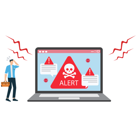 Hombre de negocios haciendo una alerta de amenaza de virus en su computadora portátil  Ilustración