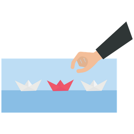El empresario elige un barco de papel rojo  Ilustración