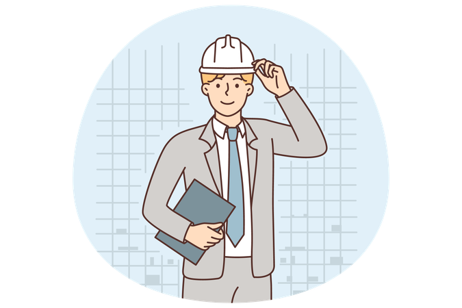 Empresário em capacete de proteção trabalhando como gerente na construção  Ilustração