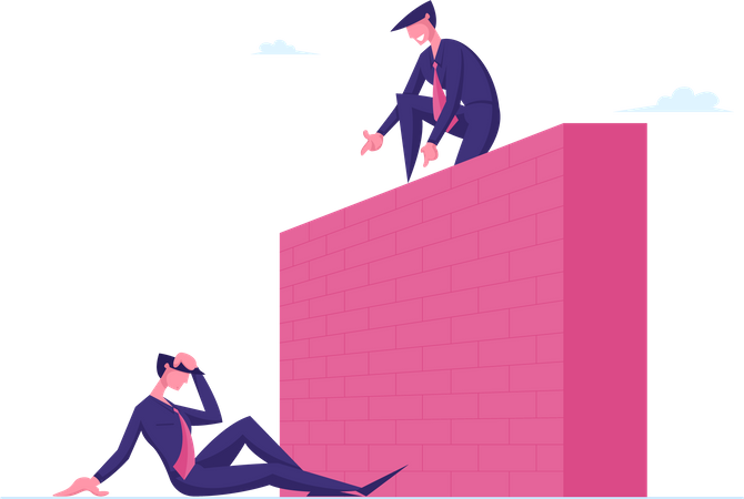 Empresário em cima de um muro alto dando a mão a um colega sentado embaixo  Ilustração