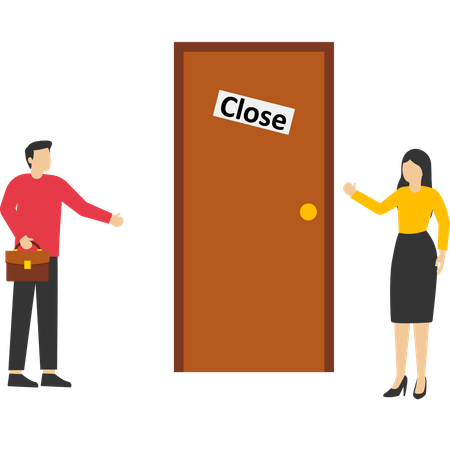 Empresário em frente a uma porta fechada com placa de fechado  Ilustração