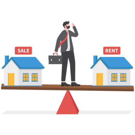 Empresário confuso ao escolher comprar uma casa nova ou alugar uma casa  Ilustração