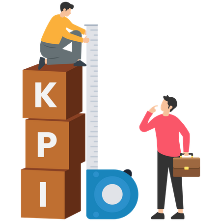 Empresário em cima da caixa KPI medindo o desempenho.  Ilustração