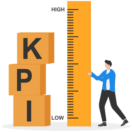 Empresário em cima da caixa KPI medindo desempenho  Ilustração