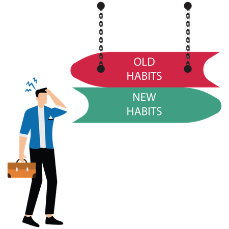 Empresário em pé na frente de uma seta escrita velhos vs novos hábitos  Ilustração