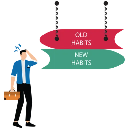 Empresário em pé na frente de uma seta escrita velhos vs novos hábitos  Ilustração