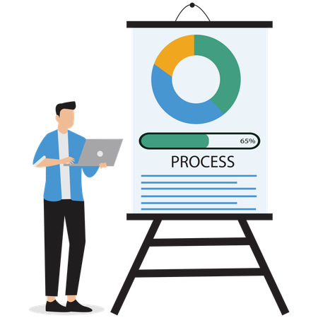 Empresário em pé na frente do processamento de dados  Ilustração