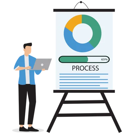 Empresário em pé na frente do processamento de dados  Ilustração