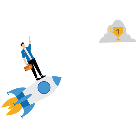 Empresário em pé no foguete e ambição pelo sucesso  Ilustração
