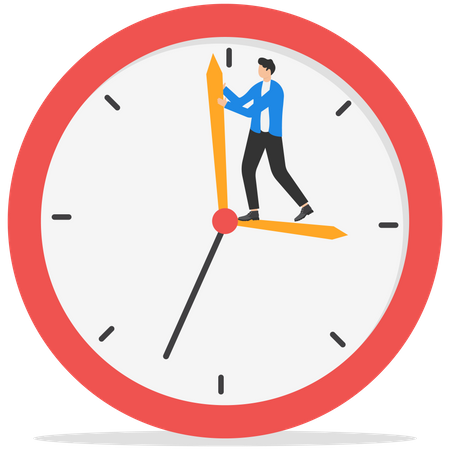 Empresário parado no ponteiro das horas do relógio consegue empurrar o ponteiro dos minutos para trás para voltar no tempo  Ilustração