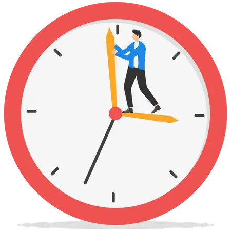 Empresário parado no ponteiro das horas do relógio consegue empurrar o ponteiro dos minutos para trás para voltar no tempo  Ilustração