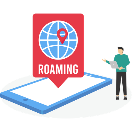 Empresário em pé perto de um grande smartphone com roaming  Ilustração